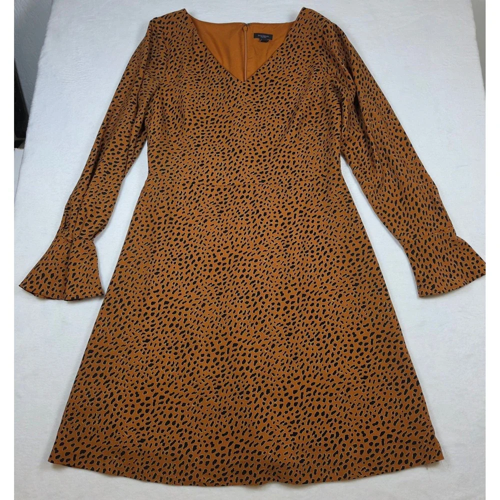 Ann Taylor Factory Leopard Print V-Neck Bell Sleeve Shift Dress Orange Black 4